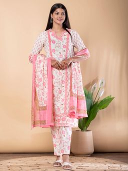 Readiprint - Straight Style Cotton Fabric Pink Kurta and Pant with Dupatta