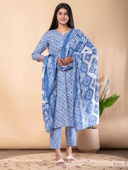Readiprint - Straight Style Cotton Fabric Blue Kurta and Pant with Dupatta
