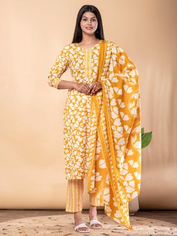 Readiprint - Straight Style Cotton Fabric Yellow Kurta and Pant with Dupatta