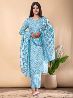 Readiprint - Straight Style Cotton Fabric Blue Kurta and Pant with Dupatta
