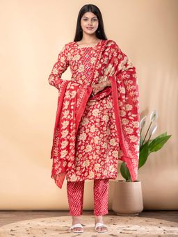 Readiprint - Straight Style Cotton Fabric Red Kurta and Pant with Dupatta