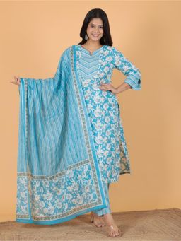 ARAMYA - Blue Soft Cotton Straight Floral Print Kurta With Pant & Dupatta