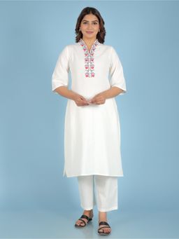 ARAMYA - Off White Linen Cotton Straight Solid Kurta With Pant