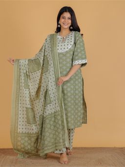 ARAMYA - Green Soft Cotton Straight Geometric Print Kurta With Palazzo & Dupatta