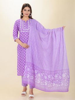ARAMYA - Purple Soft Cotton Straight Block Print Kurta With Pant & Dupatta