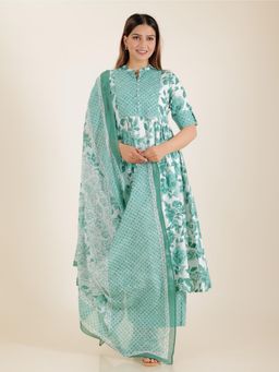 ARAMYA - Green Soft Cotton Panelled Floral Print Kurta With Palazzo & Dupatta