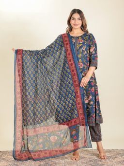 ARAMYA - Blue Soft Cotton A-Line Floral Print Kurta With Pant & Dupatta