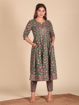 ARAMYA - Green Soft Cotton Anarkali Floral Print Kurta With Pant