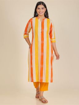 ARAMYA - Yellow Soft Cotton Straight Striped Print Kurta With Pant