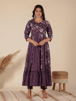 ARAMYA - Purple Soft Cotton Anarkali Floral Print Kurta With Pant