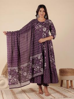 ARAMYA - Purple Soft Cotton Floral Print Anarkali Kurta With Pant & Dupatta