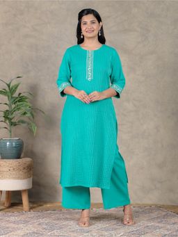 ARAMYA - Green Linen Cotton Straight Solid Kurta With Pant