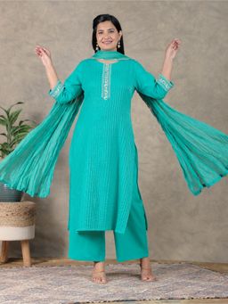 ARAMYA - Pink Linen Cotton Straight Solid Kurta With Palazzo & Dupatta