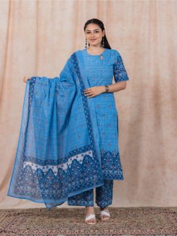 ARAMYA - Blue Soft Cotton Straight Floral Print Kurta With Palazzo & Dupatta