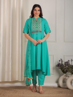 ARAMYA - Blue Linen Cotton High Low Solid Kurta With Pant & Dupatta