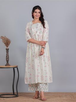 ARAMYA - Off White Soft Cotton Flared Floral Print A Line Kurta And Palazzo