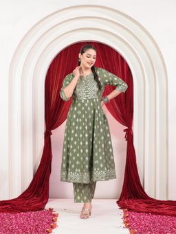 ARAMYA - Green Roman Silk Anarkali Gold Foil Print Kurta With Pant