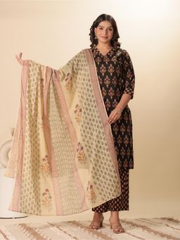 ARAMYA - Black Soft Cotton Straight Floral Print Kurta With Pant & Dupatta