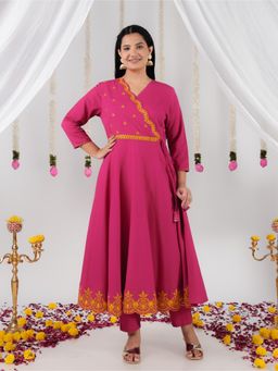 ARAMYA - Pink Linen Cotton Solid Anarkali Kurta With Pant