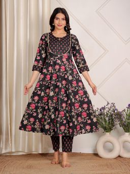 ARAMYA - Black Soft Cotton Anarkali Floral Print Kurta With Pant