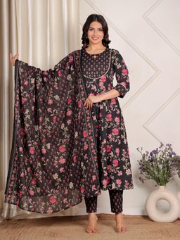 ARAMYA - Black Soft Cotton Floral Print Kurta With Pant & Dupatta