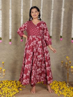 ARAMYA - Red Soft Cotton Angrakha Floral Print Kurta With Pant