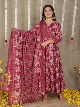 ARAMYA - Red Soft Cotton Angrakha Floral Print Kurta With Pant & Dupatta