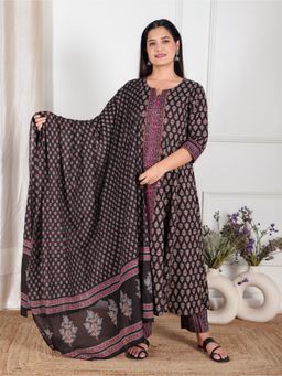ARAMYA - Black Soft Cotton Anarkali Ajrakh Print Kurta With Pant & Dupatta