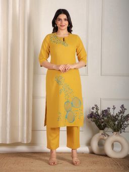 ARAMYA - Yellow Linen Cotton Straight Solid Kurta With Pant