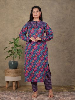 ARAMYA - Blue Soft Cotton Straight Floral Print Kurta With Pant