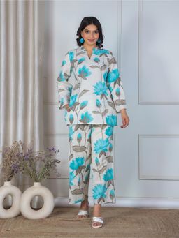 ARAMYA - Off White Linen Cotton Floral Print Co-Ord Set