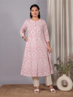 ARAMYA - Pink Linen Cotton A-Line Ikat Print Kurta With Pant