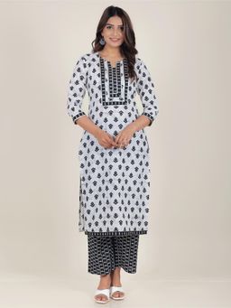 ARAMYA - White Soft Cotton Straight Block Print Kurta With Pant