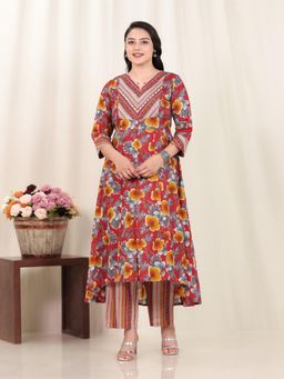 ARAMYA - Red Soft Cotton Floral Print Kurta With Pant