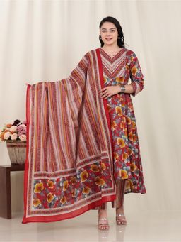 ARAMYA - Red Soft Cotton Floral Print Kurta With Pant & Dupatta