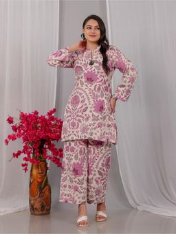 ARAMYA - Pink Linen Cotton Floral Print Co-Ord Set
