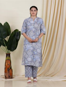 ARAMYA - Blue Soft Cotton Straight Geometric Print Kurta With Pant