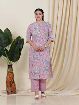 ARAMYA - Pink Soft Cotton Straight Floral Print Kurta With Pant