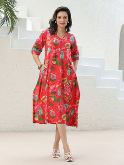 Rain & Rainbow - Women Red Cotton Collar Neck Dress