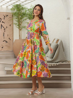 Rain & Rainbow - Women Multi-Color Cotton V-Neck Dress