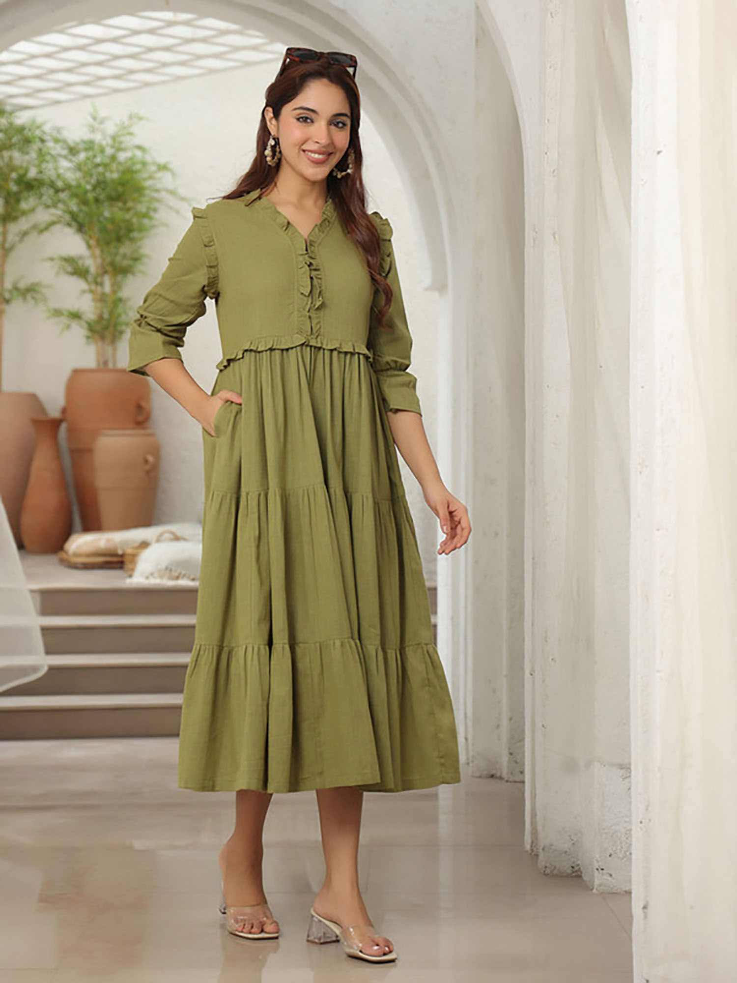 Women Green Cotton V-Neck Dress-picture-22
