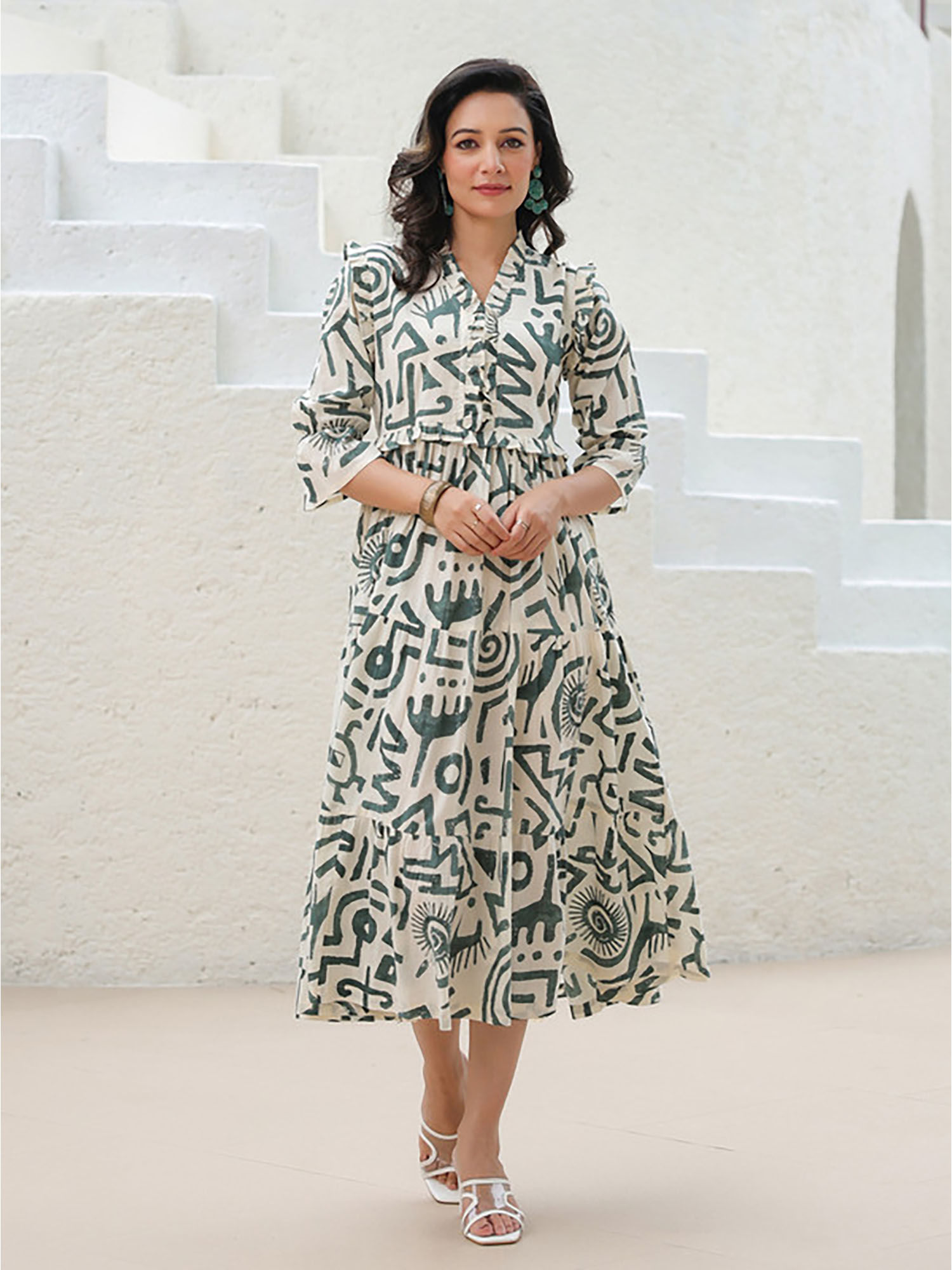 Women Cream Cotton V-Neck Dress-picture-41