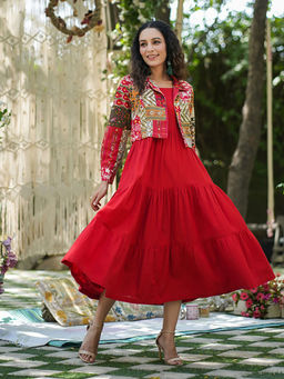 Rain & Rainbow - Women Red Cotton Shoulder Straps Dress with Jacket (Set of 2)