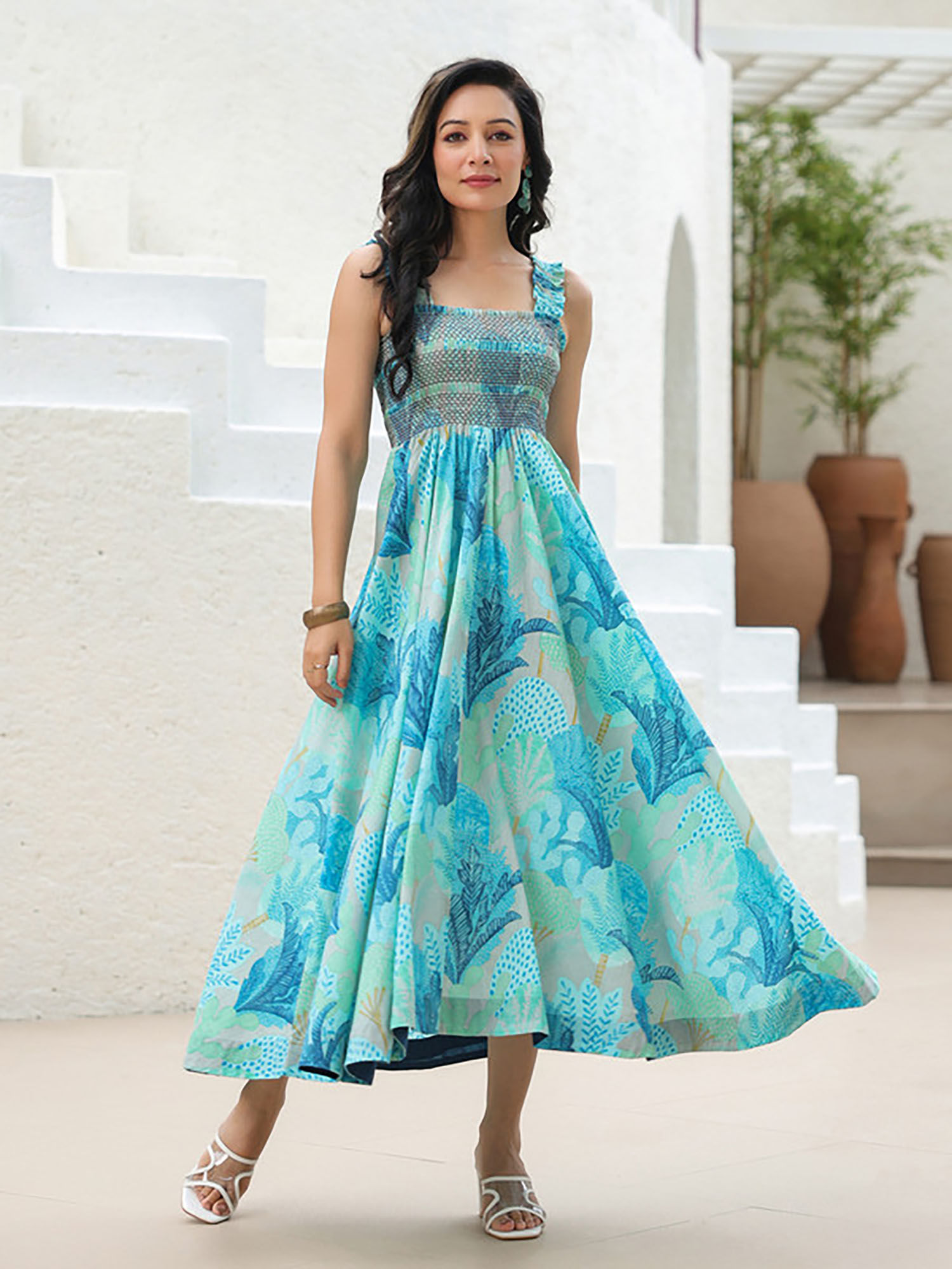Women Blue Cotton Shoulder Straps Dress-image-12