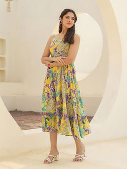 Rain & Rainbow - Women Yellow Cotton Shoulder Straps Dress