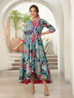 Rain & Rainbow - Women Blue Cotton Round Neck Dress