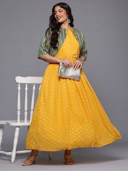 A plus by Ahalyaa - Women Mustard Georgette Boat Neck Dress with Jacket (Set of 2)