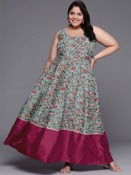 A plus by Ahalyaa - Women Green Poly Silk Round Neck Dress