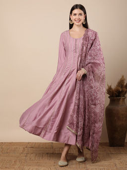FASHOR - Women Lavender Silk Blend Round Neck Dress with Dupatta (Set of 2)