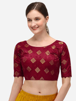 Amrutam Fab - Womens Jacquard Maroon Stiched Blouse With Round Neck